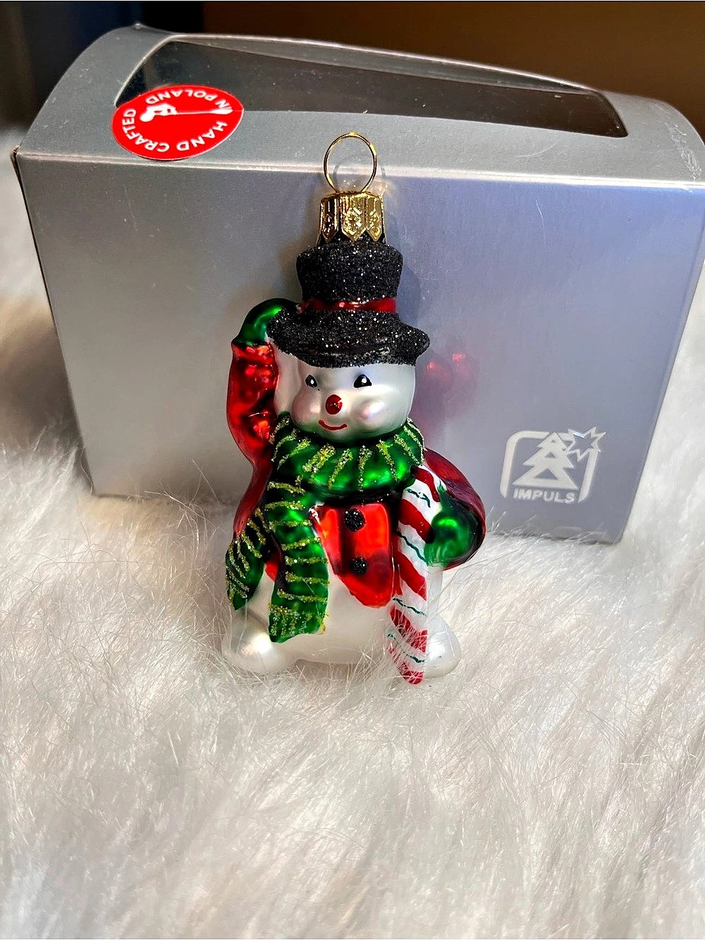 Impuls Snowman with Candy Cane Glass Ornament in Red & Green
